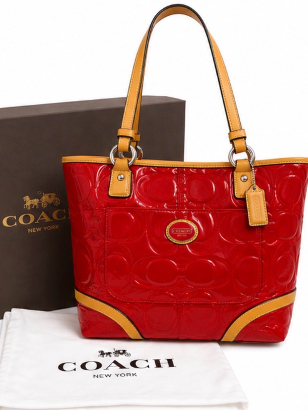 Coach Red Patent Leather Tote with Yellow Trim
